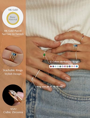 FUNEIA Gold Birthstone Rings for Women Non Tarnish Trendy Stackable Gold Rings that Don't Tarnish Dainty Emerald Green Gemstone Cubic Zirconia Wedding Engagement Ring for her Birthday Gifts Jewelry - Thumbnail 3