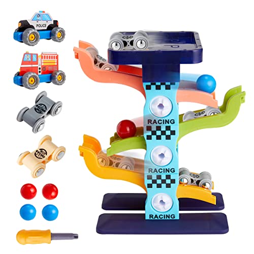 TuKIIE Course Voiture Garage, Circuit Voiture Enfant pour Garcon et Filles 3-6 Ans, Toboggan de Voiture Zig Zag, Garage Voiture Enfants avec 4 Petites Boules et 4 Voitures (1A)