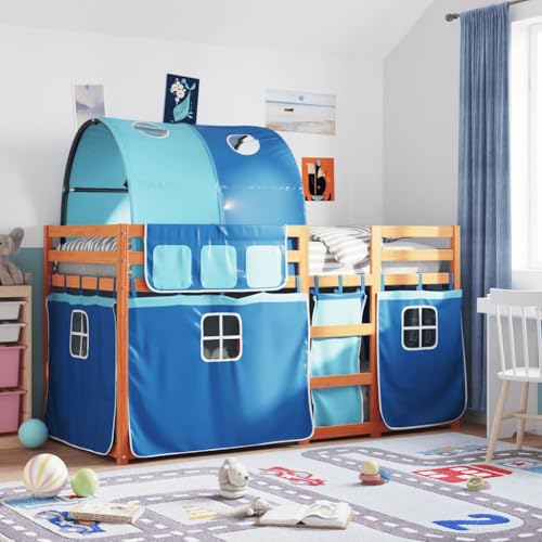 sephironlbb Litera de 90 x 190 cm de madera maciza de pino con cortinas azules, túnel de juego y protección contra caídas para habitación infantil, ahorra espacio