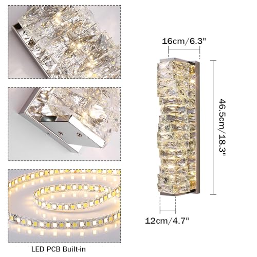 Image of LED Crystal Wall Sconce Silver Crystal Bathroom Vanity Light Fixtures with 3 Color Temperature, Indoor Dimmable Wall Mount Light for Bedroom Living Room,Set of 2
