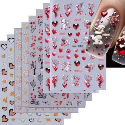 LBPEPAMZ 8Sheet Valentine's Day Nail Stickers 5D Embossed Angel Pink