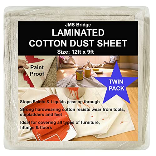 Cotton Dust Sheets for Decorating **Pack of 2** Waterproof - 12ft x 9ft - Cotton Twill Backed with Plastic Sheet Polythene Sheeting - Absorbs Spills - for Painting, Furniture, DIY, Floor, Stair Case