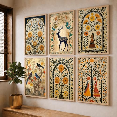 Image of kotart Premium Digital Madhubani Art Paintings with Frame for Home Decor - Framed Painting Living Room Bedroom Office - Wall Decoration - Pack of 6 (14X20 Inch, C)