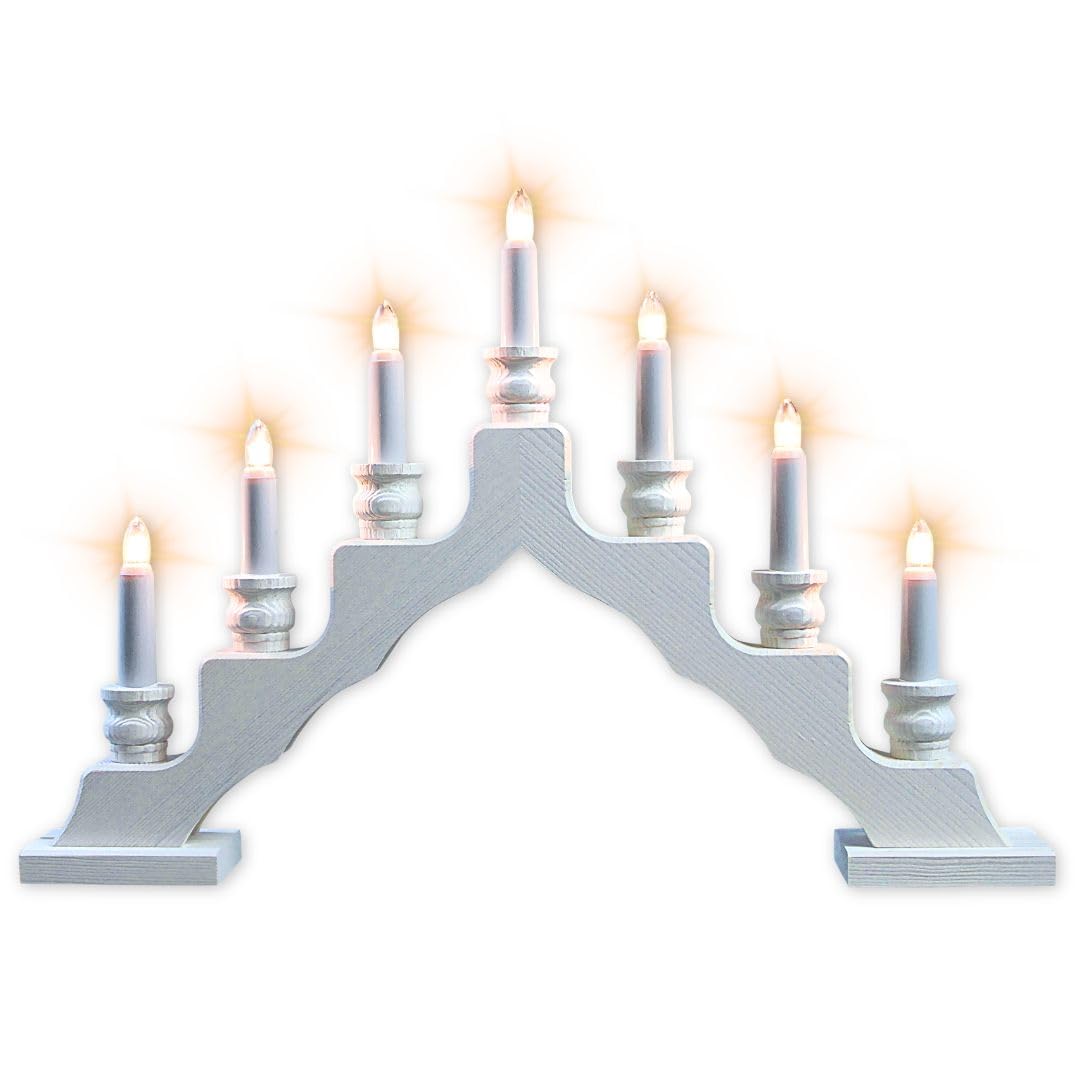 weigla - Schwedenleuchter original Erzgebirge I Trendiger Schwede WEIẞ I LED I Schwibbogen Weihnachten I 7 Lampenkerzen + 1 Ersatzlampe I 7 x 34 V, 0,2 W, E10 I Weihnachtsdeko innen I Kiefernholz
