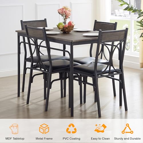 VECELO Dining Table Set for 4, Kitchen Table Set with 4 Chairs for Small Space, Space-Saving and Modern Design, Apartment, Easy to Assemble, Retro Brown - Thumbnail 6
