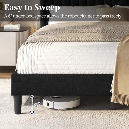 Image of Yaheetech Queen Bed Frame with Headboard, Black Channel-Tufted Platform
