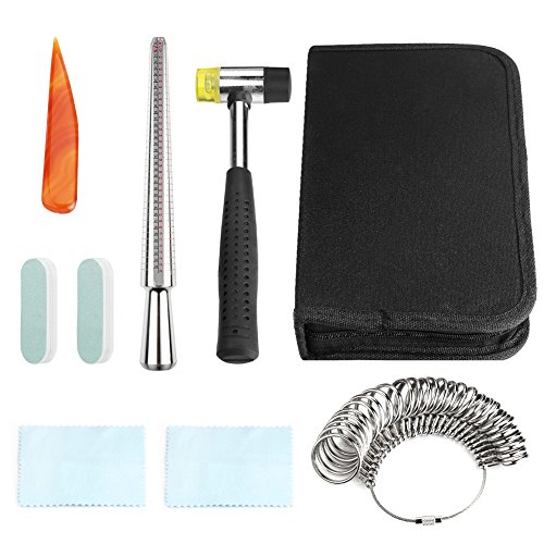 Accmor Ring Sizer Measuring Tool Including Metal Ring Sizer Mandrel, Finger Sizing Guage, Rubber Hammer, Jewely Cleaning Cloth, Buffing Bars and Polishing Agate for Men Women Jewelry Making