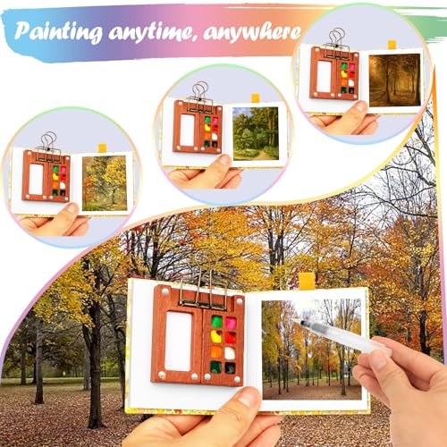 Pocket Aquarell Set，Mini Aquarell Travel Set mit Binder-Clips,Mini Aquarellkasten,Wood Pocket Artist Aquarell-reiseset,Skizzenbuch Palette Set 8 Grids für Maler, Künstler, Studenten（Gelb）