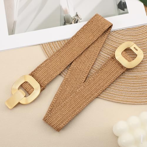 WHIPPY Straw Woven Elastic Belt for Women Boho Stretch Waistband with Gold Buckle Braid Belts for Dress3