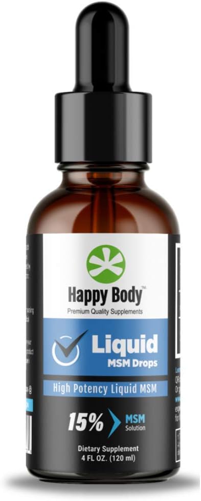 HAPPY BODY Liquid MSM Drops The Highest MSM Content in a Liquid MSM Supplement. Ideal for Both Oral & Topical Applications - 1 x 4 fl. oz Bottle.