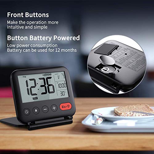 NOKLEAD Digital Travel Alarm Clock – Mini Portable LCD Display Clock with Backlight Calendar Temperature Snooze 12/24H Makeup Mirror, Small Folding Battery Operated Desk Clock for Kid Bedroom (Black)
