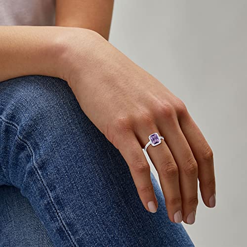 Chicsilver 8Mm Emerald Cut Birthstone Promise Ring For Her, 925 Sterling Silver Simulated Purple Amethyst Gemstone Anniversary Wedding Engagement Band Rings For Women February Birthstone Jewelry #TOP1
