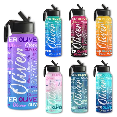 Custom 18oz/32oz Name Water Bottles for Kids,Personalized Gradient Stainless Steel Sports Water Bottles with Straw-Double Wall Insulated Customized Gifts for Boys Girls Women Men Friends School Sports