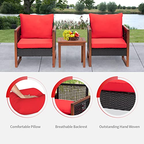Fdw Patio Bistro Set 3-Piece Acacia Wood Outdoor Chat Conversation Table Chair Set Outdoor Wood Chat Set With Water Resistant Cushions And Coffee Table For Beach Backyard Garden,Red Cushion #TOP6