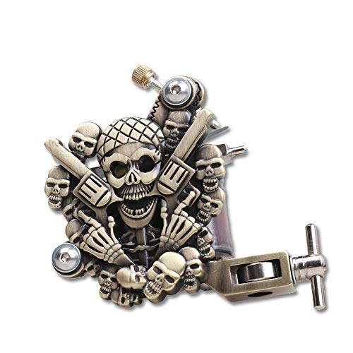 Tattoo Skull Rotary Gun Machine Kit Supplies Liner Shader 10 Wrap Coil Dual Motor Brass Color