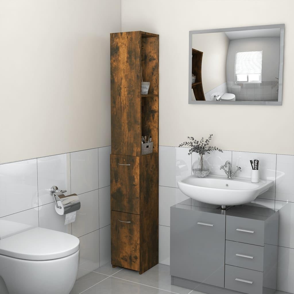 Armario de baño de roble ahumado de 25x26,5x170 cm en madera de ingeniería
