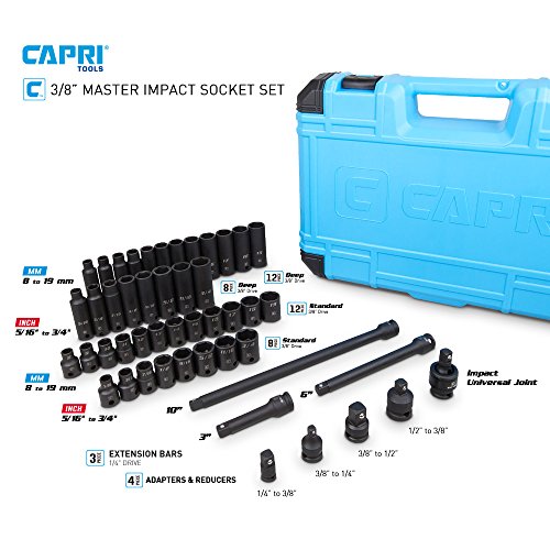 Image of Capri Tools 3 /8-Inch Drive Master Impact Socket Set with Adapters and Extensions, Premium Chrome Molybdenum Steel, 48-Piece