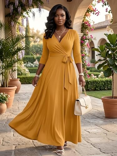 Image of PinkPatty Women's Plus Size Maxi Dresses Casual Flowy 3 /4 Sleeves Dress Printed Vacation Dress for Daily Wear with Belt