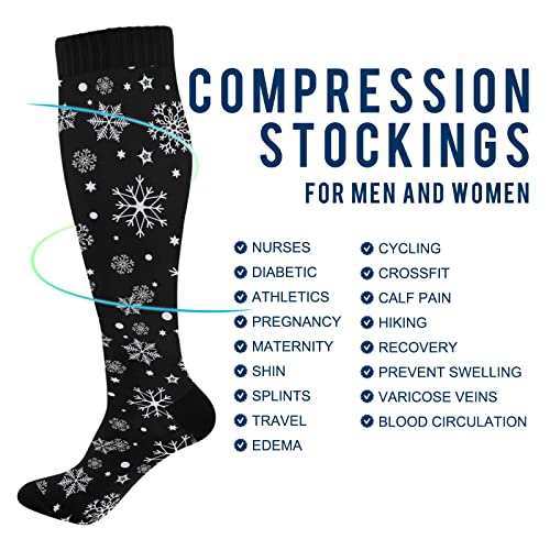Kigai Knee High Socks Christmas Black Snowflake Compression Sock 1 Pair Casual Athletic Tube Socks for Soccer Women Men Medical Nurse Warm Stockings, 20-30mmHg4