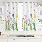 2 Panels Butterfly Tulip Kitchen Curtain Colorful Flower Rod Pocket Drapes Spring Floral Window Treatments for Home Living Room Bedroom Decor, 27.5 x 39 in