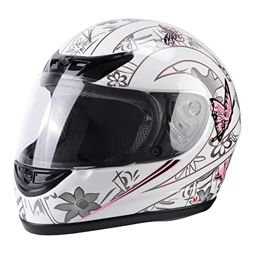 XFMT DOT Adult Flip Up Full Face Motorcycle Helmet Street Dirt Bike ATV Helmet Carbon Fiber (X-Large, White Pink Butterfly)