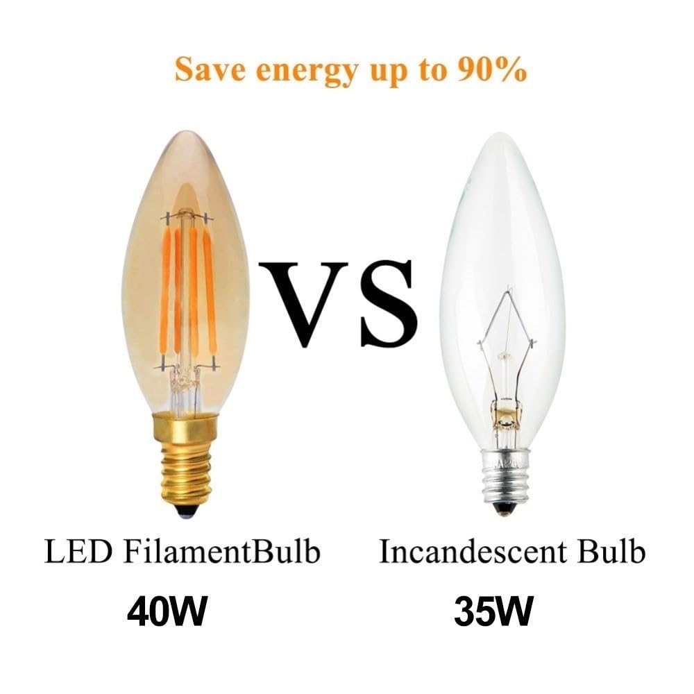 1fortunate Paquete de 5/10/25, bombillas de filamento LED retro C35 4W E14 AC220V bombilla LED tipo vela lámpara de vidrio ámbar(25PCS)