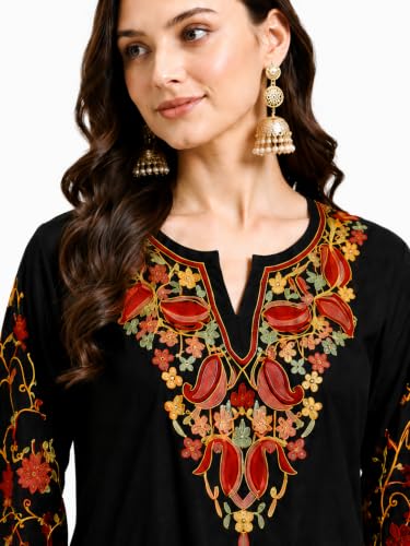 Image of HAUTEMODA Women Cotton Floral Embroidered Short Kurti, Tunic, Three-Fourth Sleeves, White