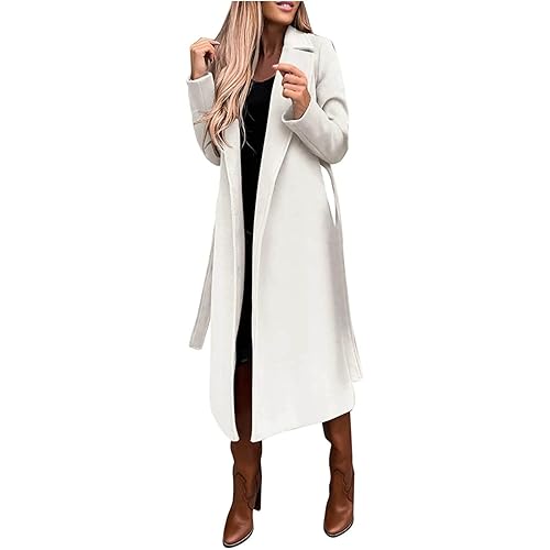 FUPODD Wintermantel Damen Lang Elegant Wollmantel Winter Damen-Mäntel Mit Gürtel Winterjacke Warm Trenchcoat Revers Damenmantel Übergang Lange Mantel Frauen Casual Jacke Outwear Einfarbig Wintercoat - XXL - Weiß