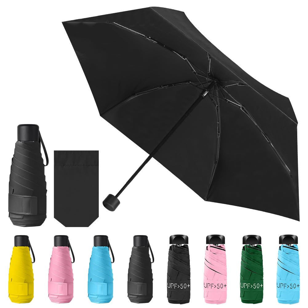 Vicloon Black Mini Travel Umbrella, Small Compact Umbrella With Upf50+ Protection, 210T Rubber Cloth & 6 Aluminum Alloy Ribs Folding Umbrellas, Lightweight Tiny Pocket Umbrellas (Black)