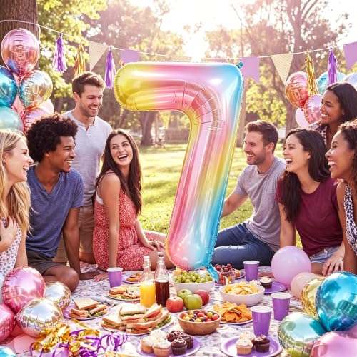 Image of Rainbow Number Balloons Birthday Balloons - Giant Number 7 Balloon 40 inch, Numbers Balloon Birthday Decorations, Rainbow Party Supplies for Baby Shower