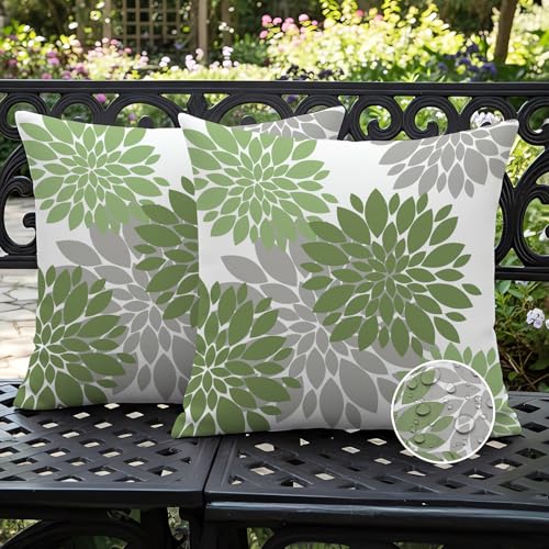 Ardjxue Lot de 2 Coussins D'extérieur Gris Vert 40 x 40cm Housses de Doussin Modernes Double Face Motif Dahlia Taies d'oreiller D'été Coussins Housses...