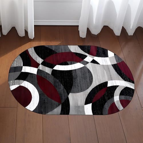 KTYUTJDH Tapis,Cercle Abstrait Contemporain Gris Blanc Rouge, Noir, Ovale 150 x 180 cm, Salon Chambre, Table Cuisine, Chaise Salle à Manger, Lavable en...