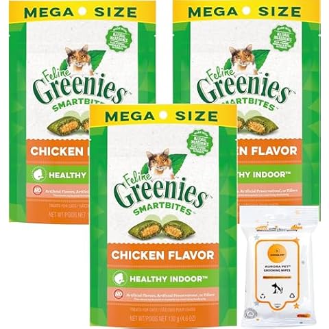 Aurora Pet Bundle Pack (3) 4.6-oz SmartBites Healthy Indoor Natural Chicken Flavor Soft & Crunchy Cat Treats with AuroraPet Wipes Cover
