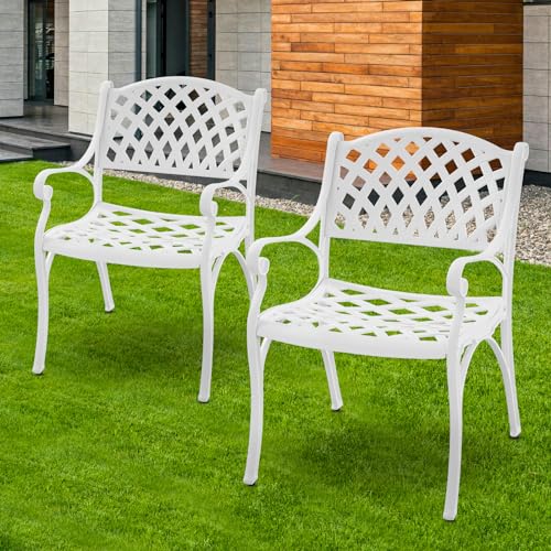 PATIO-IN 2 Piece White Patio Chairs, Cast Aluminum Outdoor Dining Chairs Set of 2, Metal Chairs for Garden Backyard