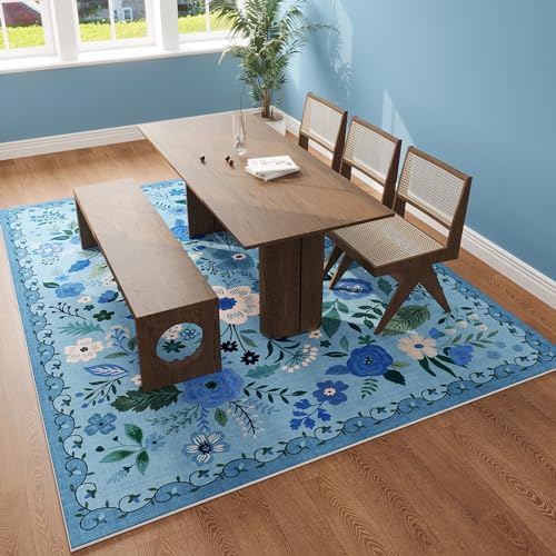 Living Room Rug 6x9 Rug Machine Washable Boho Area Rug Non Slip Floral Vintage Low Pile Large Rug for Living Room, Bedroom, Farmhouse, Dining Room, Kids Playroom(Blue)