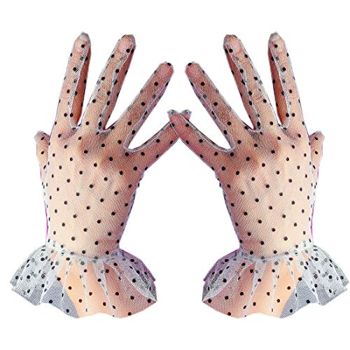 Women Lace Short Gloves Ruffle Trim Layer Tulle Mesh Semi Sheer Touchscreen Cosplay Gloves