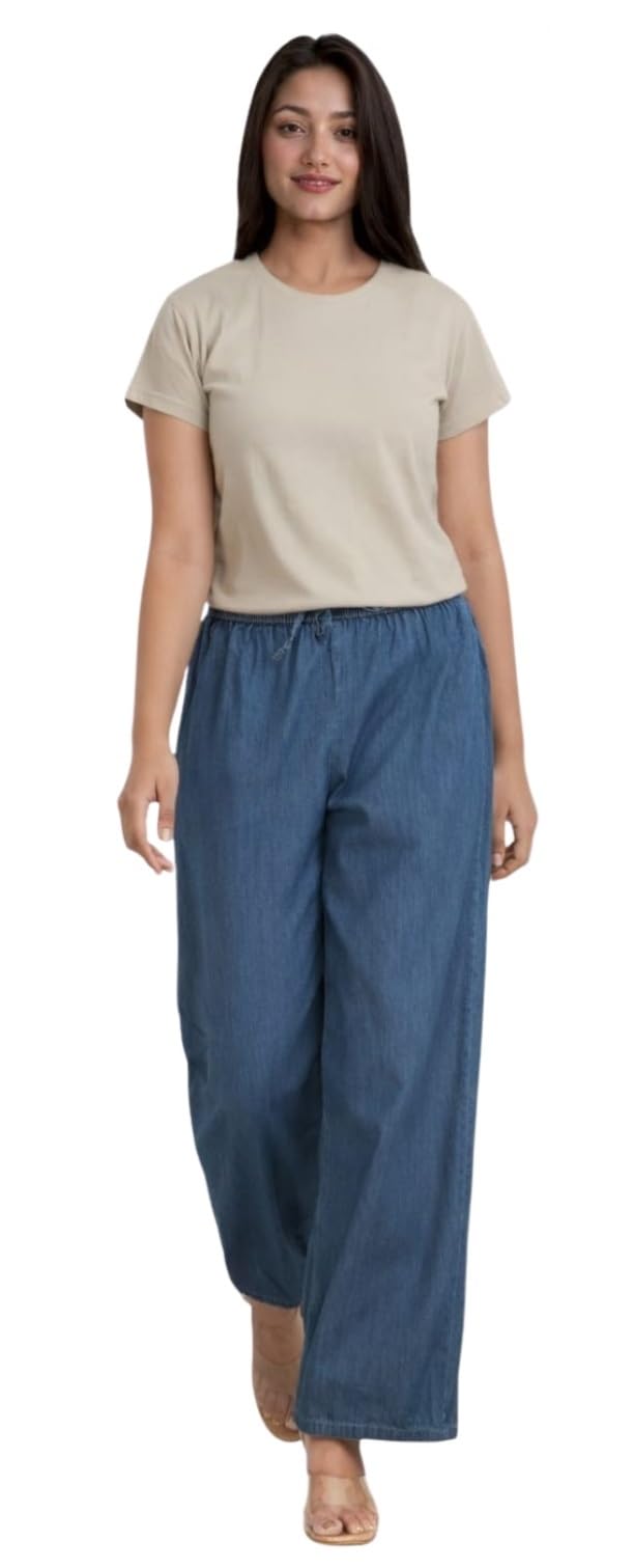 Women's Wide Leg Denim Palazzo Pants | High Waisted, Loose Fit, Elastic Back Jeans Trousers with Pockets-picture-20