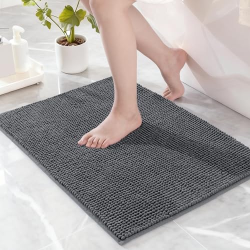 Exclusivo Mezcla Badematte Fußmatte Chenille Badezimmerteppich, Waschbar, Saugfähig und rutschfest Badvorleger Badteppich für Dusche Badezimmer, Grau, 40 x 60 cm