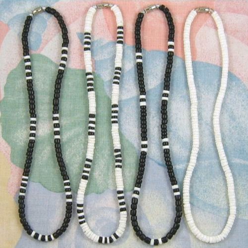 Native Treasure (4 Pack) Mens and Womens Summer Beach Surfer Necklaces From the Philippines, Black Coconut Beads with White Clam Heishe Ark Shells, Mens Summer Necklaces3