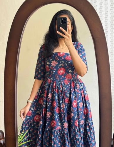 Image of Women's Pure Cotton Maxi Midi Dress Western Dress for Women Elegant Floral Printed Long Dresses | Soft & Breathable Fabric | Casual Trending Dress