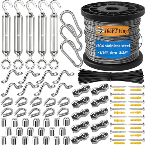 BRISBONN 304 Stainless Steel Turnbuckle Kit - 165FT（50M） Vinyl-Coated Wire Rope Heavy Duty & Anti-Rust for Outdoor Lights Hanging, Pictures, Decor & DIY Projects Easy Installation.