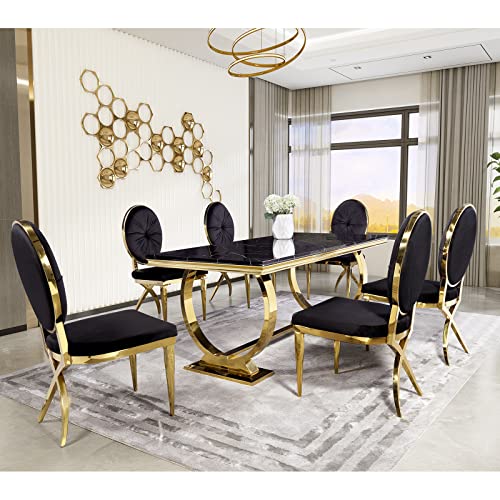 Acedécor Dining Chairs, Black Velvet Dining Room Chairs With Gold Metal Leg And Round Gem Tufting Back, Modern Luxury Style, Set Of 2 #TOP7