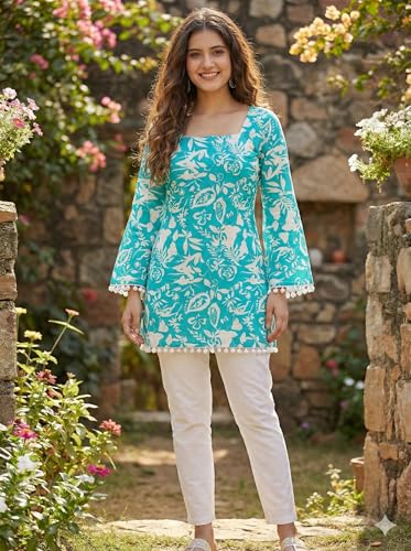 Image of Women's Premium Viscose Rayon Floral Printed Short Kurti | Stylish Bell Sleeves with Pom-Pom Lace | Teal Blue Tunic Top for Jeans & Office Wear