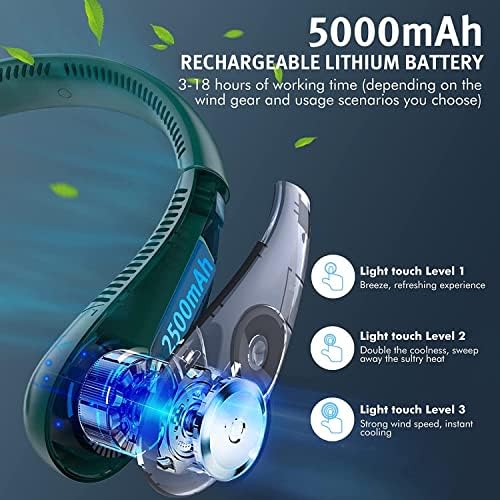 fenshine beauty Portable Neck Fan,5000mAh 3 Speeds Adjustment 360° Cooling USB Wearable Fan Foldable Bladeless Neck Fan Rechargeable Neck Fan For Sports Outdoor (Green)