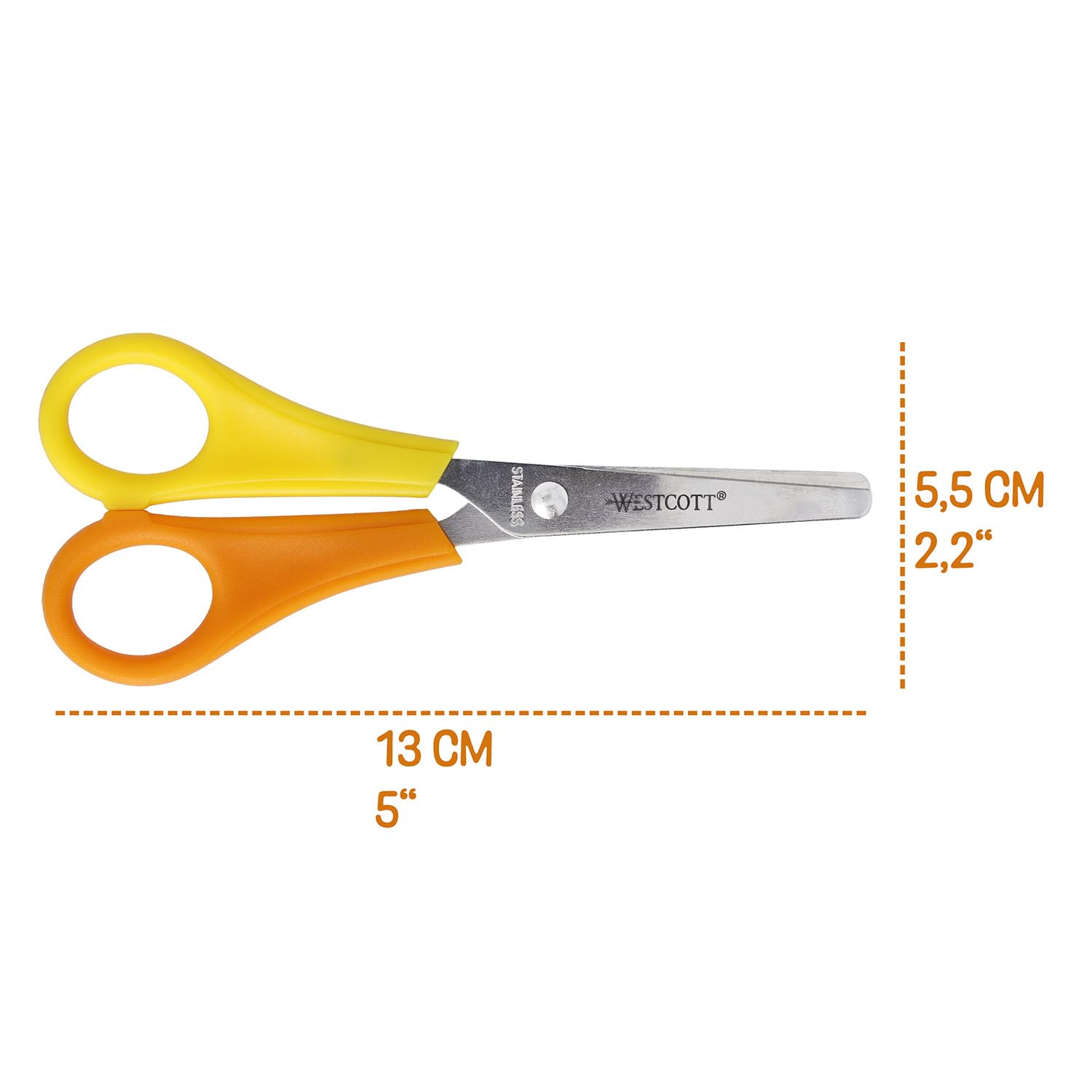 Westcott E-21593 00 Forbici bambini per mancini, 13 cm, punte arrotondate, scala 5 cm, rosso/giallo