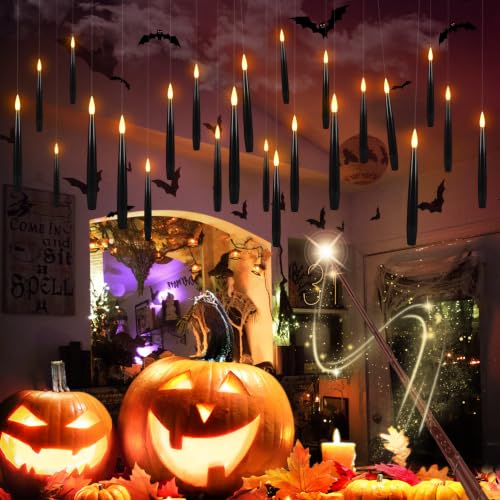 Image of Floating Candles with Magic Wand Remote, 36 PCS Black LED Taper Candles with 2 Wands, Flickering Warm Light Flameless Hanging Candles for Halloween Christmas Party Decor Indoor Outdoor