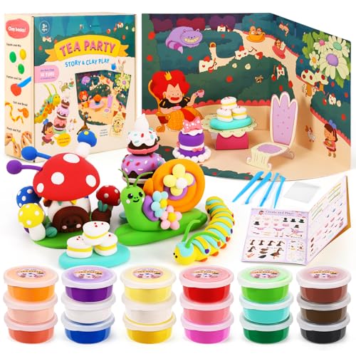 WEST STORY Air Dry Clay Kit for Kids, Modeling Magic Clays, 18 Colors with Storybook, DIY Tutorials, Tools & Scene Cards, Soft, Non-Sticky & Light, Clay Craft Gift for Boys & Girls Ages 3+ (Tea Party)