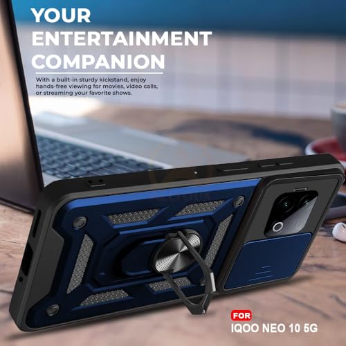 Image of Armor Bumper Back Cover Case for iQOO NEO 10 5G | Rotating Camera Cover, Ring Holder & Kickstand | Heavy Duty & 360 Degree Protection iQOO NEO 10 5G Back Cover (Blue)