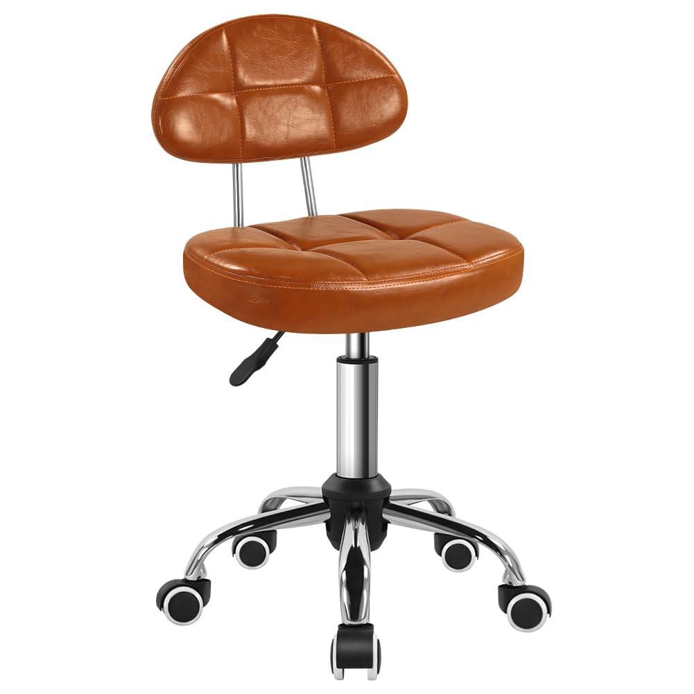 BFTOU Sgabello girevole quadrato minimalista con ruota, perfetto per lavoro, spa, negozi, massaggi, altezza regolabile e conveniente, sedia con schienale (marrone)