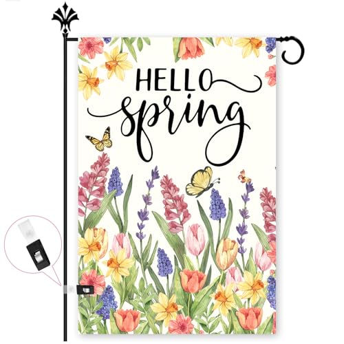 FurniGift Spring Summer Floral Welcome Garden Flag 12x18 Inch Hello Spring and Tulip Lavender Flowers Double Sided Come with Flag Clip for Yard Lawn & Outdoor Eucalyptus Seasonal Decoration
